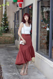 VALEN ASYMMETRICAL PLEAT SKIRT (BRICK)