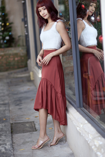 VALEN ASYMMETRICAL PLEAT SKIRT (BRICK)