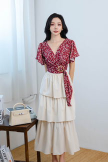 SUMMER STRIPED TIERED SKIRT (BEIGE)