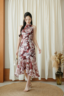 LINA CHEONGSAM MIDI DRESS (RED FLORAL)