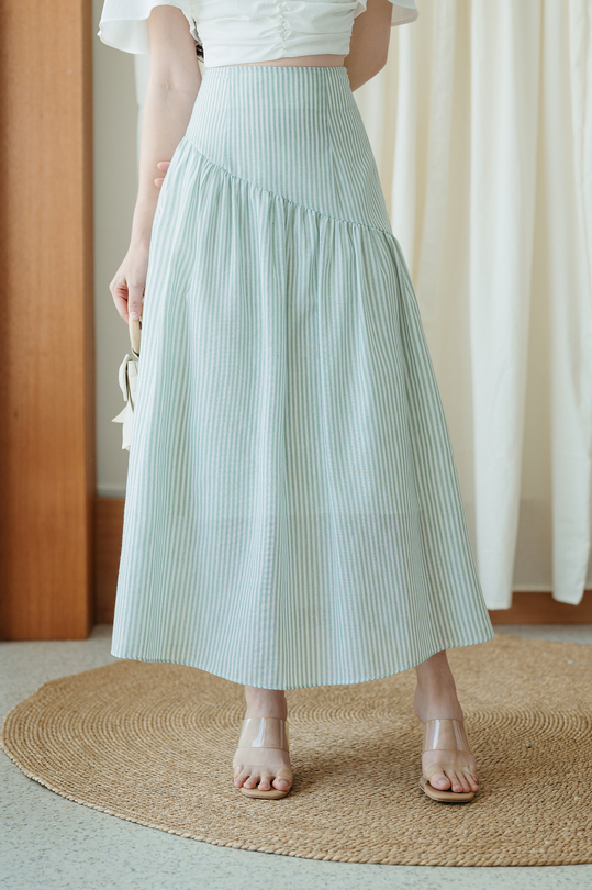 EVALYNN RUCHED LONG SKIRT (GREEN STRIPE)
