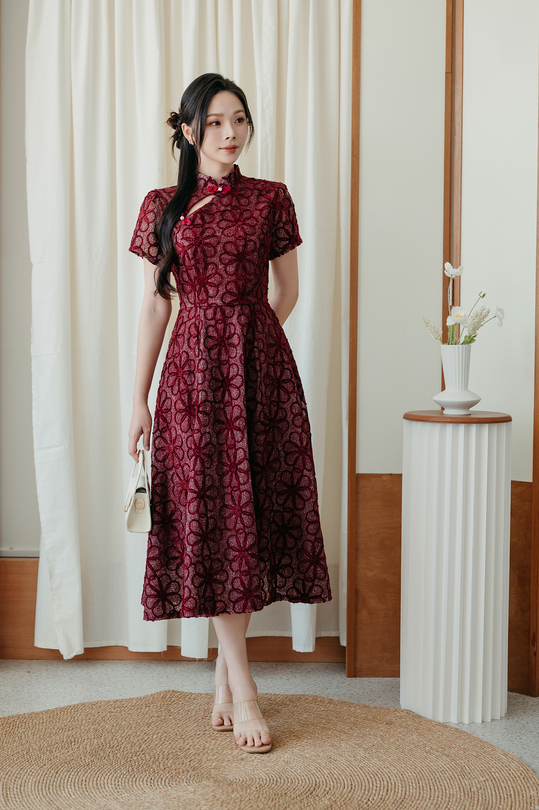 YAN CHEONGSAM MIDI DRESS (RED FLORAL)