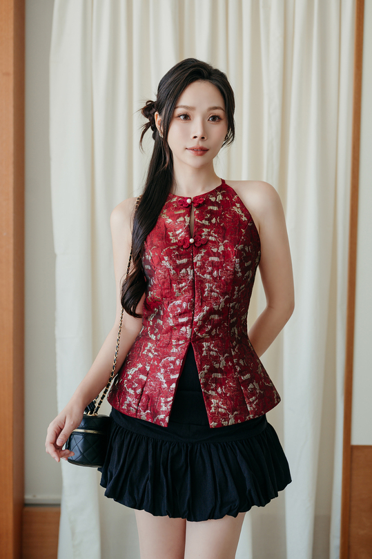 NATTIE HALTER NECK CHEONGSAM TOP (RED)