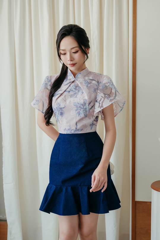 DEBB MANDARIN COLLAR CROP TOP (PINK FLORAL)