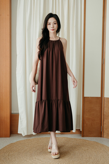 IDALIA HALTER NECK TIERED DRESS (BROWN)