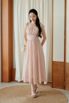 MATTIE SELF-TIE MIDAXI DRESS (PINK LACE)