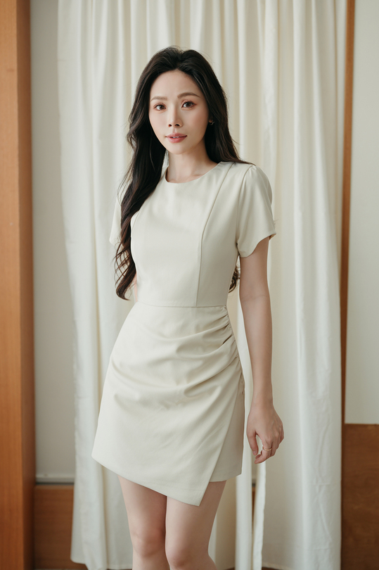 BAYLOR ASYMMETRICAL MINI DRESS (BEIGE) BAYLOR ASYMMETRICAL MINI DRESS (BEIGE)