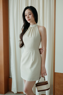 ROSSY HALTER NECK MINI DRESS (BEIGE)