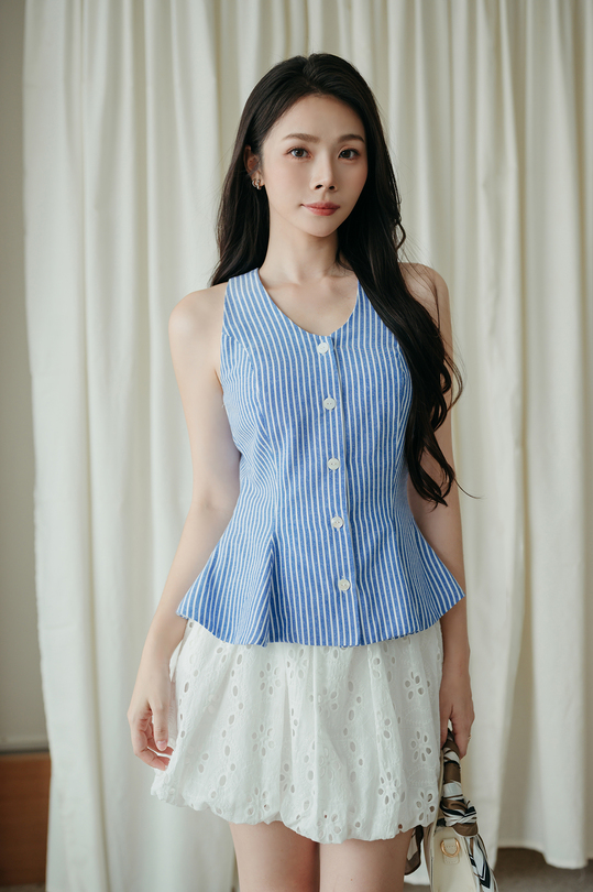 POSEY V NECK PEPLUM TOP (BLUE STRIPE)