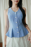 POSEY V NECK PEPLUM TOP (BLUE STRIPE)