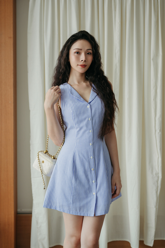 KHLOE BUTTON DOWN MINI DRESS (BLUE STRIPE)