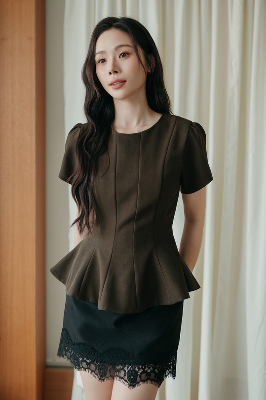 WISTER ROUND NECK PEPLUM TOP (BROWN) WISTER ROUND NECK PEPLUM TOP (BROWN)
