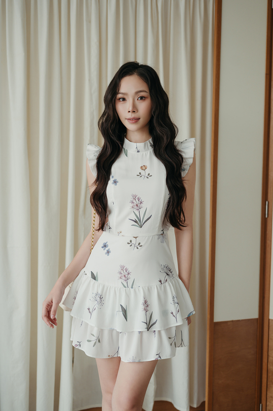 CAROLINE TIERED MINI DRESS (WHITE FLORAL) 