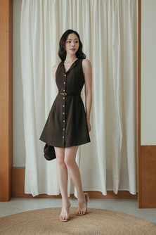 KHLOE BUTTON DOWN MINI DRESS (DARK BROWN) 