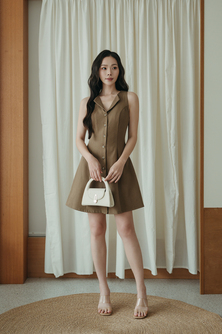 KHLOE BUTTON DOWN MINI DRESS (LIGHT BROWN) 
