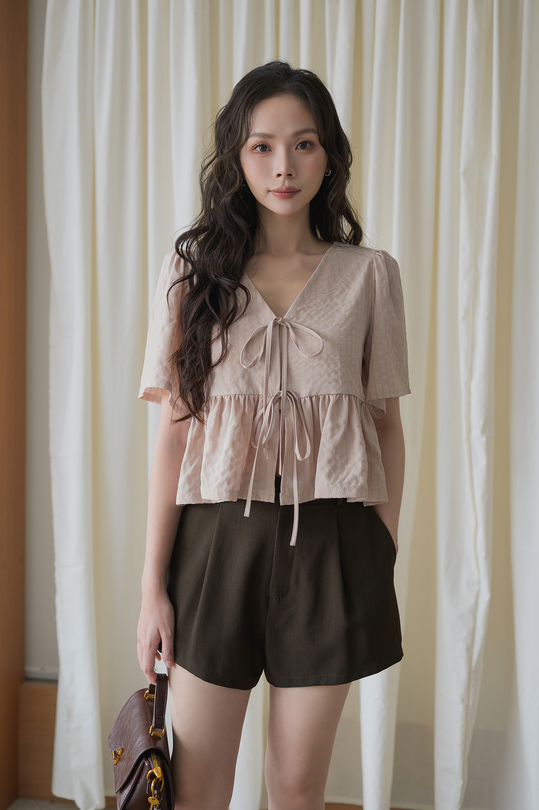 EVA SELF-TIE RIBBON BABYDOLL TOP (NUDE)
