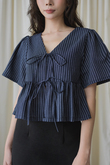 EVA SELF-TIE RIBBON BABYDOLL TOP (BLUE STRIPE) EVA SELF-TIE RIBBON BABYDOLL TOP (BLUE STRIPE)