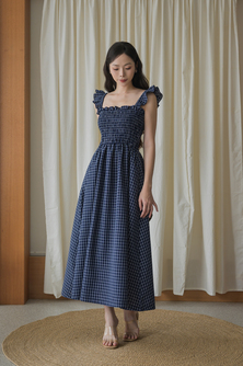 ROMINA ELASTIC MIDAXI DRESS (BLUE CHECKERED) 