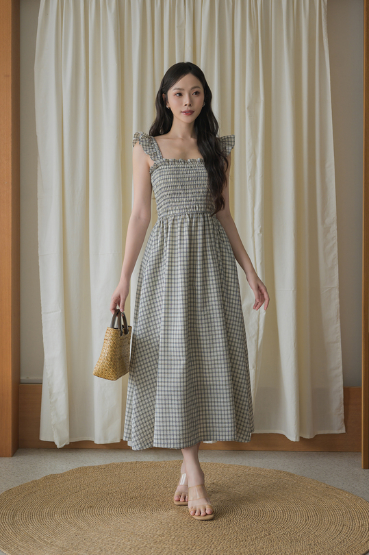 ROMINA ELASTIC MIDAXI DRESS (WHITE CHECKERED) 
