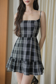 HAERIN RUFFLES MINI DRESS (BLACK CHECKERED) 