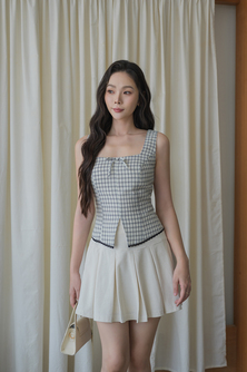 EIRA SQUARE NECK RIBBON TOP (WHITE CHECKERED)