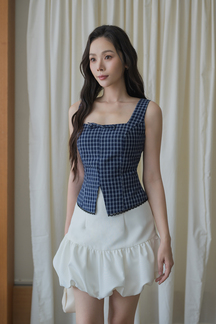 EIRA SQUARE NECK RIBBON TOP (BLUE CHECKERED)