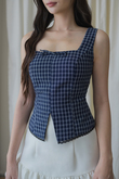 EIRA SQUARE NECK RIBBON TOP (BLUE CHECKERED)