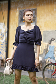 MYLIE RUCHED FRILL DRESS (NAVY BLUE)