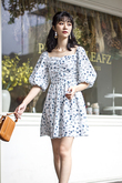 CASSIA RUCHED BALLOON SLEEVES DRESS (FLORAL)