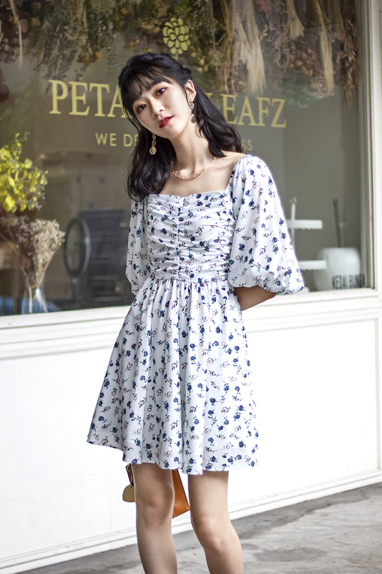 CASSIA RUCHED BALLOON SLEEVES DRESS (FLORAL)